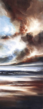 Abstract painting of a stormy sky with dark clouds and reflective water below.