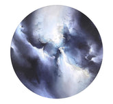 Round image of a celestial scene with dark blue and white colors