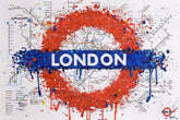 A London Underground roundel design in red, blue, and white, overlaid on a detailed London transit map background. The word 'LONDON' appears across the center in white on a blue band, with paint splatter and drips extending downward.