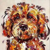 Colourful abstract painting of a dog's face on a beige background