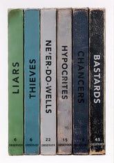 Artwork of colourful bookends overlayed with text.