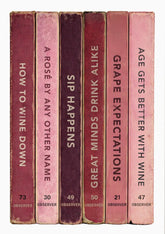 Artwork of set of six wine-themed book spines with humorous titles on a white background