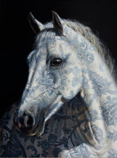 artwork of a horse with a decorative pattern on a dark background