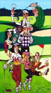 Colorful illustration of cartoon characters playing golf on a green field with a blue sky.