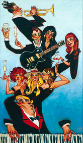 Illustration of a man playing trumpet, guitar, and piano with women around him on a blue background
