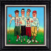 Cartoon-style illustration of four golfers with drinks on a golf course