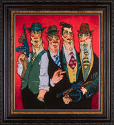 Framed artwork of four stylized men in suits with guns on a red background