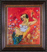 Framed artwork of a stylized woman with headphones against a vibrant red background.