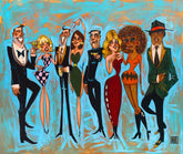 Artistic depiction of a group of people in formal attire with a colorful background
