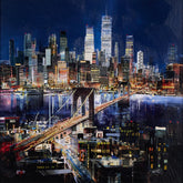 textured cityscape artwork of skyline at night