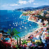 A colourful coastal cityscape painting showing a bay filled with sailboats, blue water, mountains in the background, and dense buildings with palm trees and flowers in the foreground.