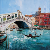 cityscape artwork of venice water with boat and buildings surrounding.