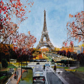 cityscape artwork of eiffel tower surrounded by red trees