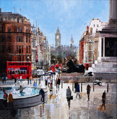 cityscape artwork of trafalgar square and people walking