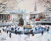 Ice skating rink in a city square with a Christmas tree and people skating.