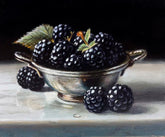 Still life painting of blackberries in a silver bowl on a marble surface with a dark background.