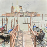 Iconic view of Venice's canals with idle pontoon boats at a dock