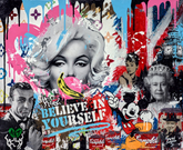 Collage with various images including a face, Mickey Mouse, and Campbell's soup cans.