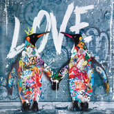 Two penguins holding hands with colorful graffiti-style art against a blue background with the word 'LOVE'.