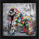 Colorful gorilla painting with graffiti-style text on a gray background
