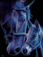 Artistic depiction of two horses with a stylized, almost abstract approach.