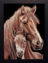 Artistic depiction of a horse and foal with a textured brown effect on a black background