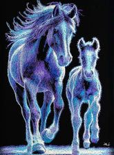 A framed artwork depicting two horses, an adult and a foal, rendered in glowing blue, purple, and white sketch-like lines against a black background.