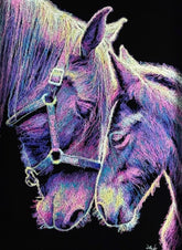 art print depicting two horses in profile, rendered in a vibrant, textured multicolor style with purple, blue, pink, and yellow highlights against a solid black background.