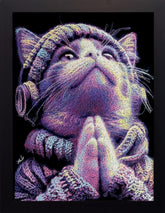 Colorful stylized illustration of a cat wearing a knitted hat and scarf.