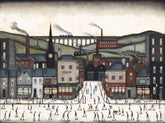 A stylized painting of a town square scene with many small figures skating or walking in front of industrial buildings, smokestacks, hills, and a viaduct under a pale sky.