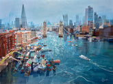 Blue cityscape of iconic london. Featuring Iconic landmarks such as Tower Bridge and The Shard