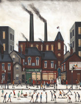 A painting of a bustling industrial street scene, featuring brick factories with tall smokestacks, shopfronts, and numerous pedestrians in the foreground under a cloudy sky. Sean Durkin