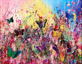 A vibrant, textured abstract artwork filled with butterflies, featuring vivid yellow, blues and pinks