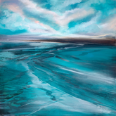 An abstract landscape painting depicting a vast body of turquoise and teal water under a cloudy sky with blue, white, and soft pink highlights.