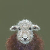 A close-up painted portrait of a sheeps face against a muted olive-green background.