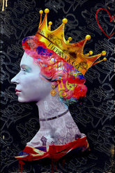Portrait of the queen adorned in a golden crown with an urban style