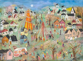 Colorful illustration of a village scene with people, houses, and a tall orange and yellow structure.