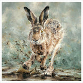 A painted artwork of a hare running through shallow water, with a soft, painterly background in muted green-gray and beige tones.