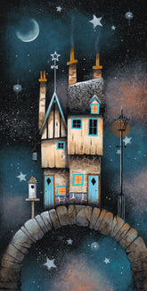 A whimsical fantasy illustration of a small cottage perched on a stone arch under a starry night sky with a crescent moon and glowing windows.
