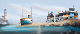 A whimsical coastal landscape artwork showing a sandy shoreline with a blue and white fishing boat moored near a cluster of colorful houses, a lighthouse on the left, and dark rocks in the foreground under a pale sky.