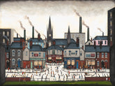 A stylized painting of a bustling town square with factories, church spires, shopfronts, and many small figures walking and playing in the foreground.