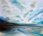 An abstract landscape painting depicting a cloudy sky over a reflective body of water, rendered in shades of blue, white, gray, and soft beige.