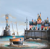 A whimsical coastal painting showing a small orange and black fishing boat resting on sand beside a wooden dock, with colorful houses, a tall stone tower, and a pale blue sky in the background.