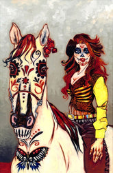 A stylized artwork showing a woman with Day of the Dead face paint seated beside a decorated white horse. The woman has long red hair and wears a yellow-and-brown outfit, while the horse has red, black, and white decorative markings.