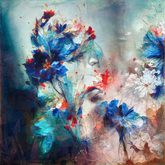 Abstract painting of flowers with blue, red, and white colors on a textured background.
