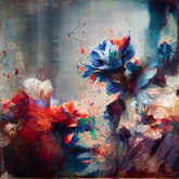An abstract floral painting with expressive brushstrokes, featuring large blue, red, white, and purple flower-like forms against a muted gray-blue background.