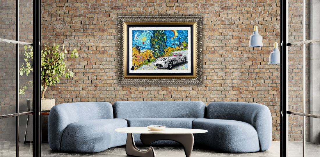 Limited Edition Ornate Frame Artwork on a Brick Wall Above a Grey Sofa