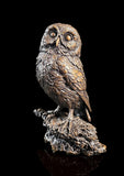 A small owl bronze sculpture perched on a rugged mound