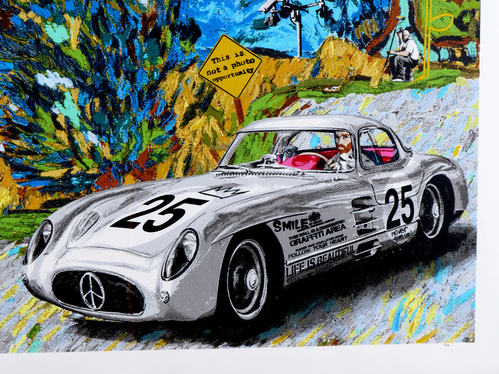 artwork in the style of vincent van gogh's night sky - featuring swirls, security camera in background and vincent van gogh in silver sport car with pink interior