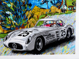 artwork in the style of vincent van gogh's night sky - featuring swirls, security camera in background and vincent van gogh in silver sport car with pink interior